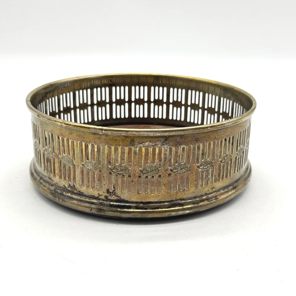 Vintage Brass Tone Pierced Wine Bottle Coaster Wood Base 5.5 Inch Ornate Barware